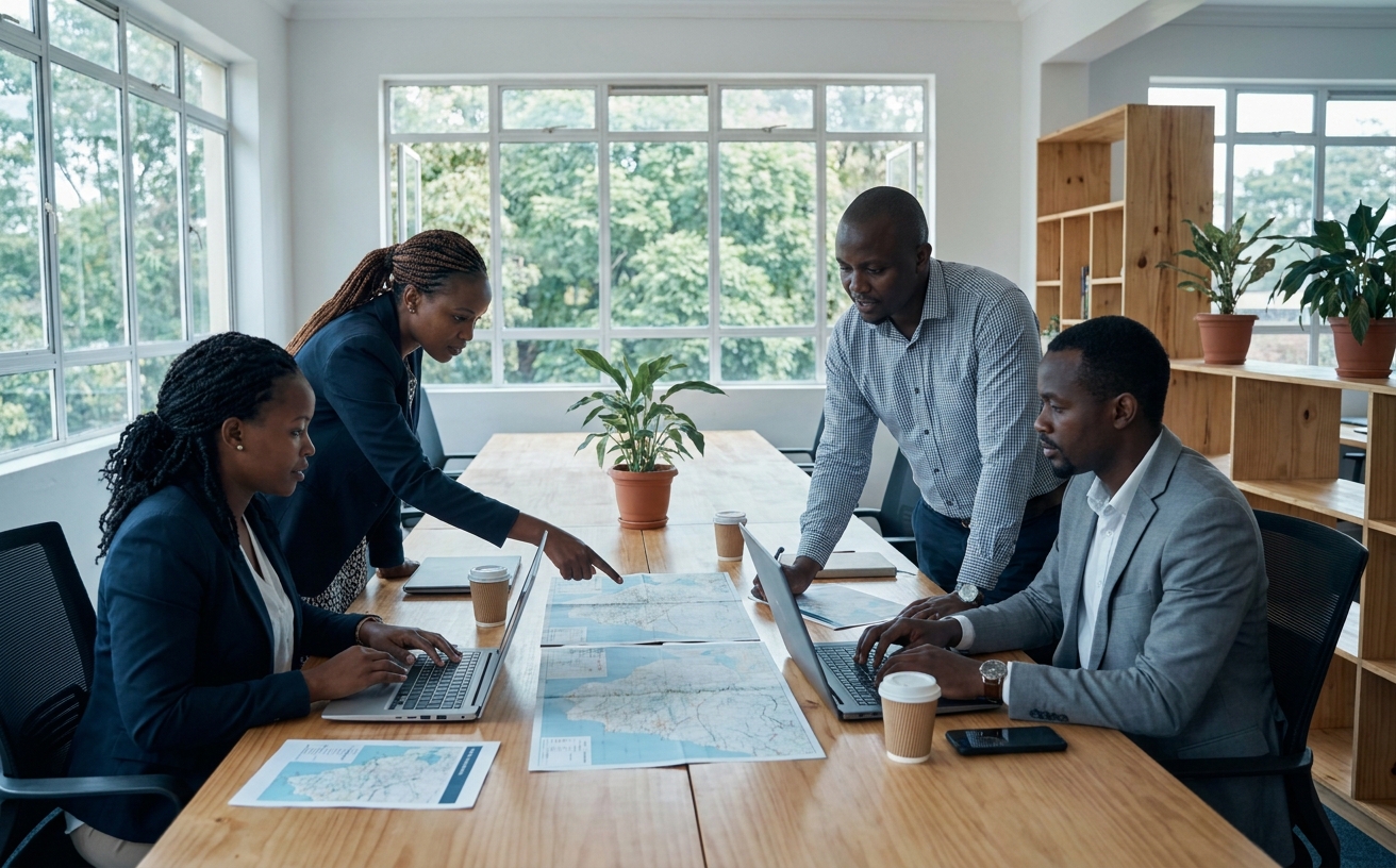 Three or four people collaborating around a table with laptops and printed maps in a bright, simply designed Nairobi office with plants and large windows.